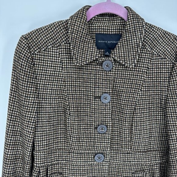 Banana Republic Houndstooth Blazer Jacket 8 Linen Wool Button Down Brown Tan - Picture 4 of 7